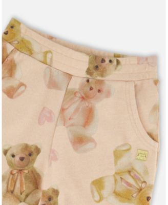 Girl Glittering French Terry Sweatpants Beige Teddy Bear Print - Toddler|Child