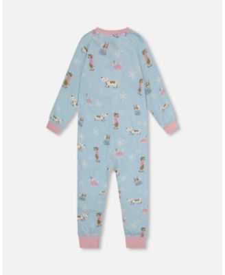 Girl Cotton Interlock One-Piece Pajama Blue Dog Print - Toddler|Child