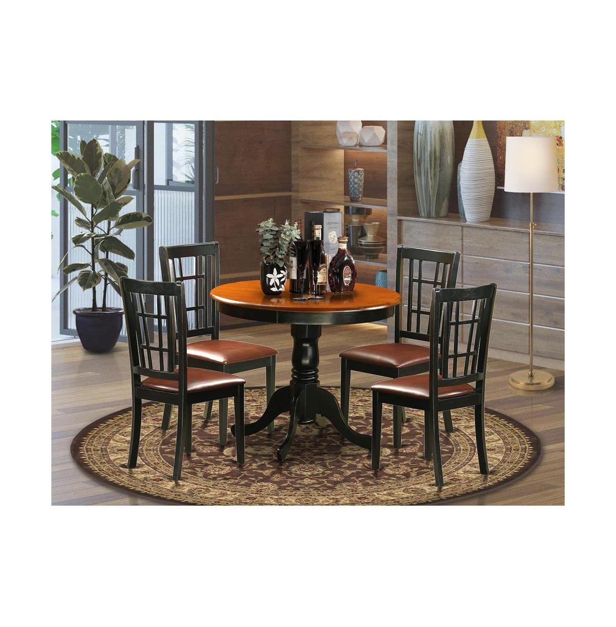 East West Furniture Pc Dining Table with Leather Chairs in Black and Cherry