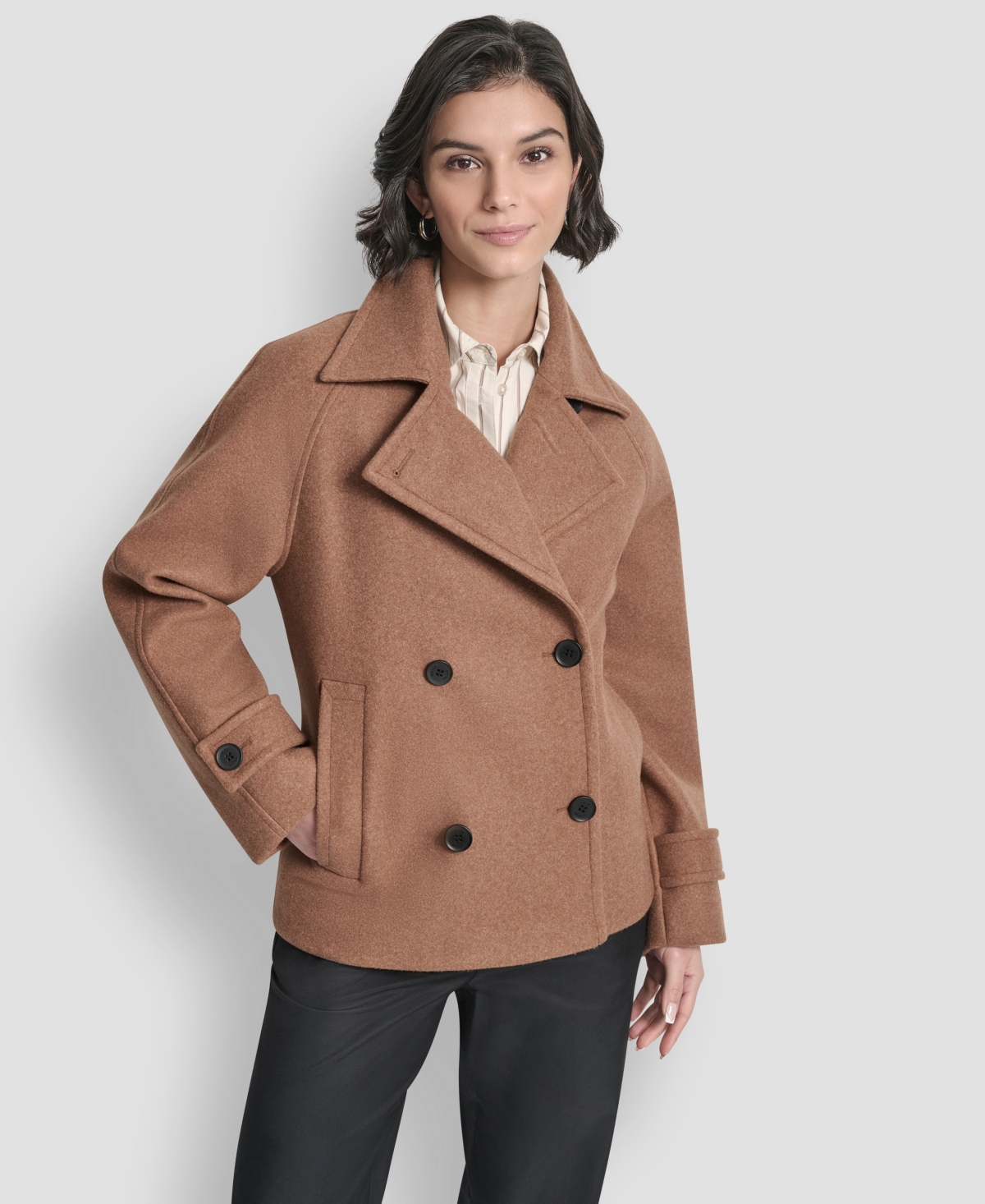 Dkny Petite Short Double Breasted Collared Coat In Brown