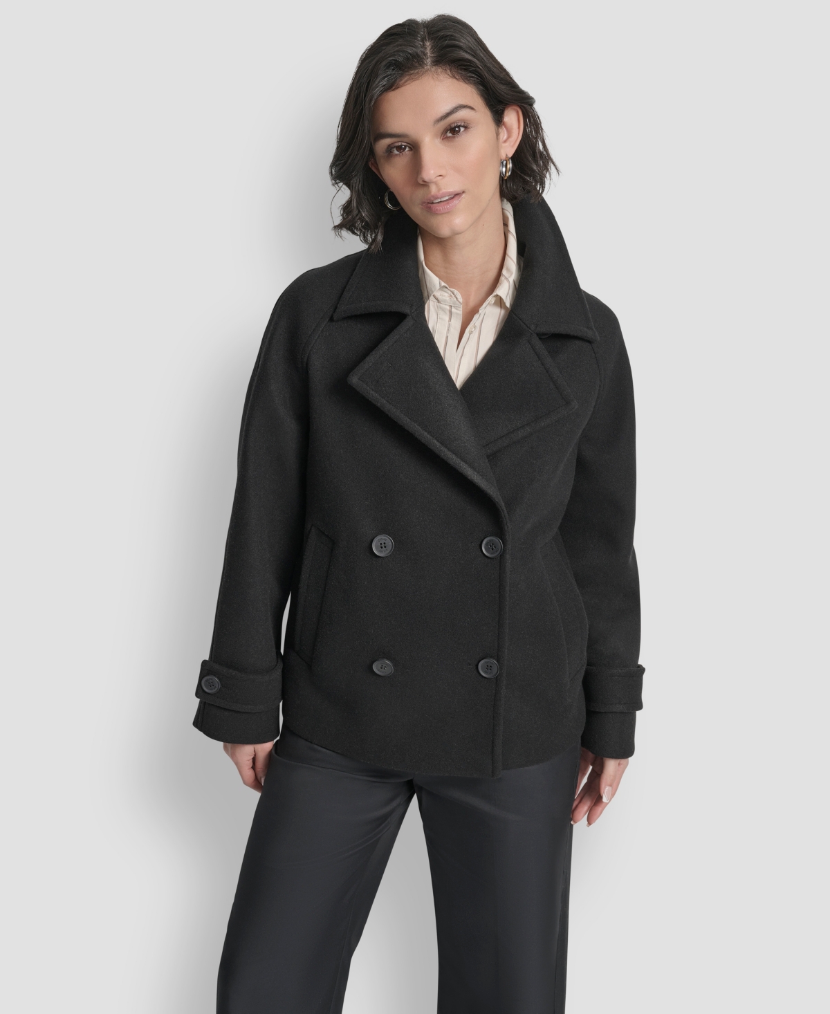 Dkny Petite Short Double Breasted Collared Coat In Black