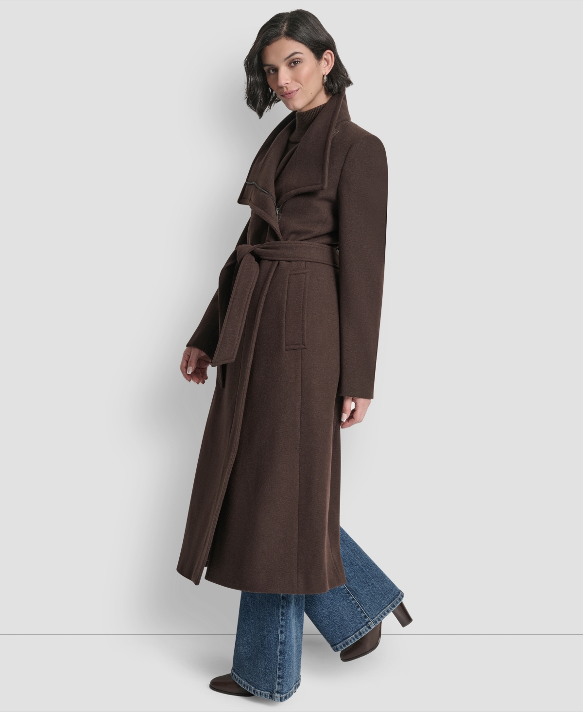 Dkny Women's Wing Collar Asymmetrical Wrap Coat In Brown