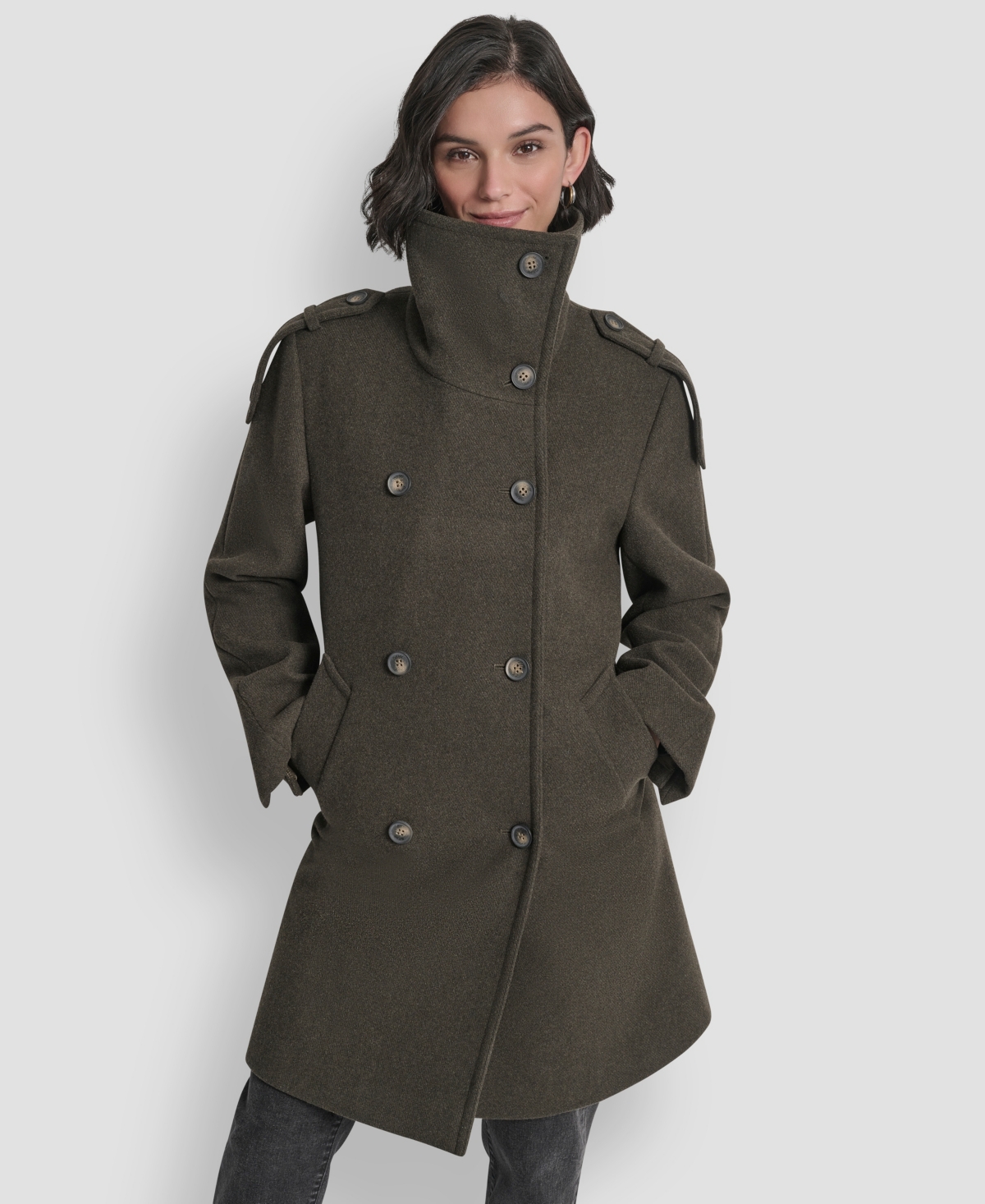 Dkny Double Breasted Wool Blend Military Coat In Green