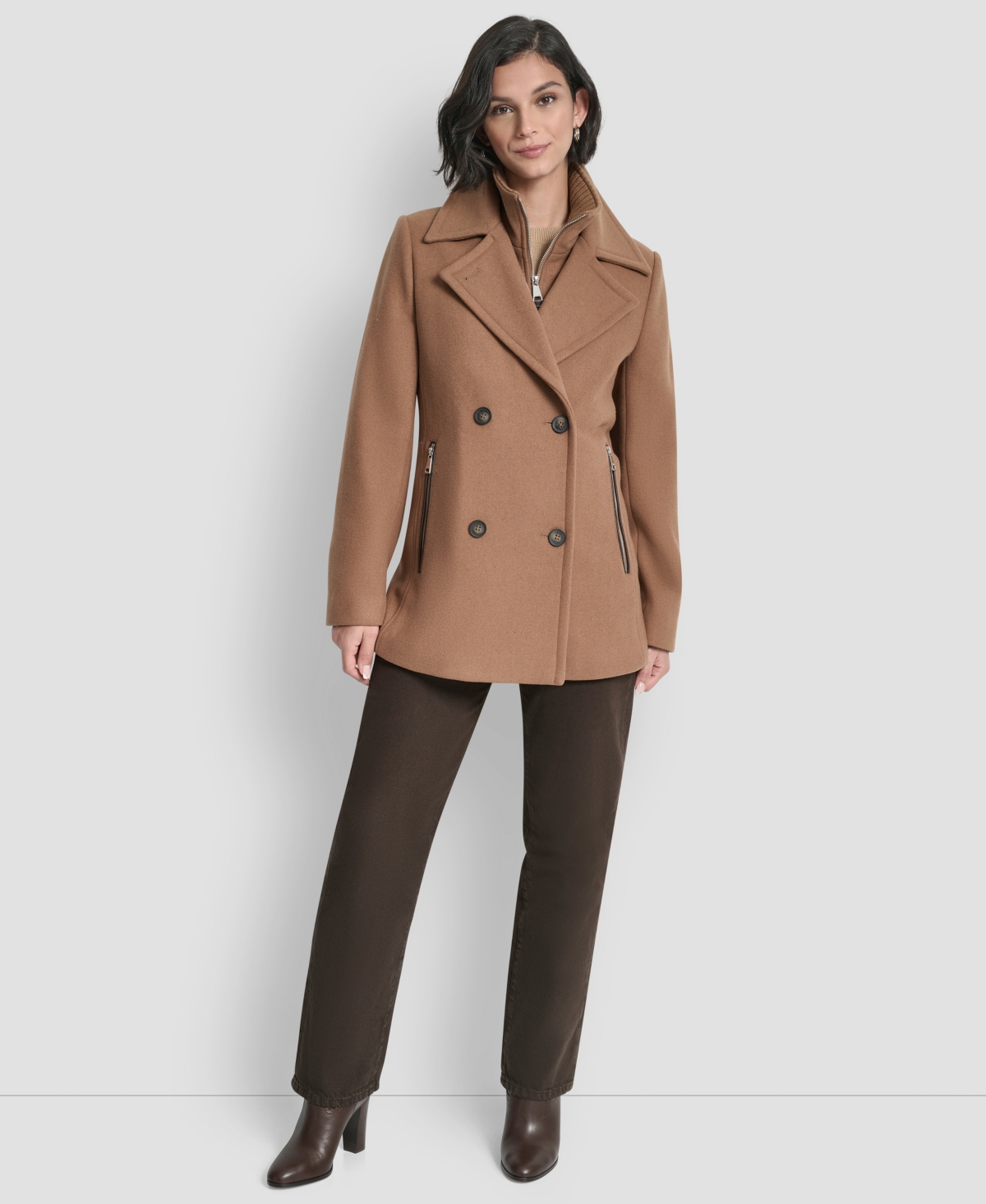 Dkny Womens Short Double Breasted Collared Coat P Xs Xxl In Brown
