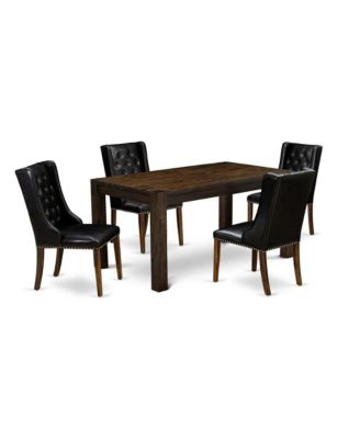 5-Pc Kitchen Dining Room Set 4 Black Linen Fabric Dining Padded Chairs with Button Tufted Back and 1 Beautiful Rectangular Table - Distressed Jacobean Finish