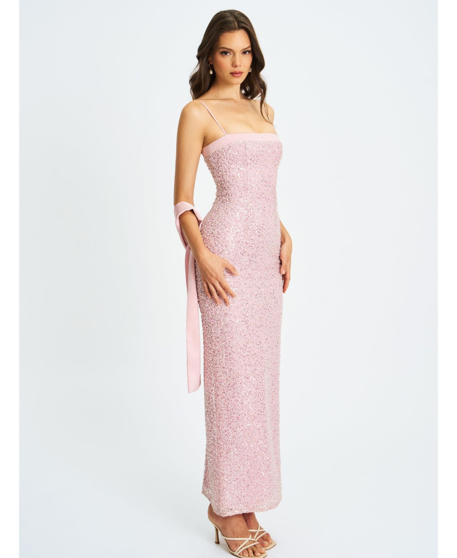 Women Raizel Pink Beaded Sequin Bodycon Gown with Scarf