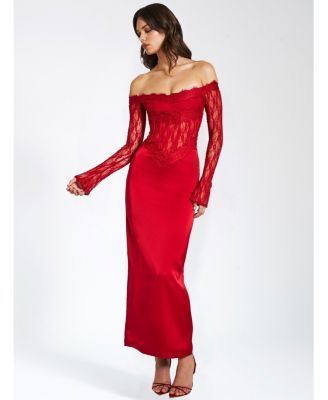 Women's Nessa Red Lace Satin Corset Maxi Dress
