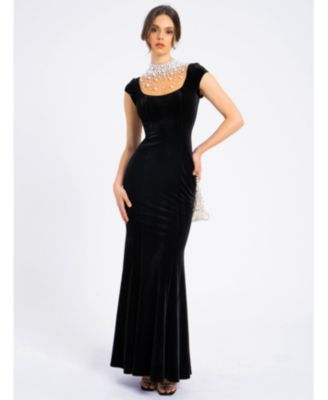 Women Rachael Black Velvet Pearl Embellished Gown