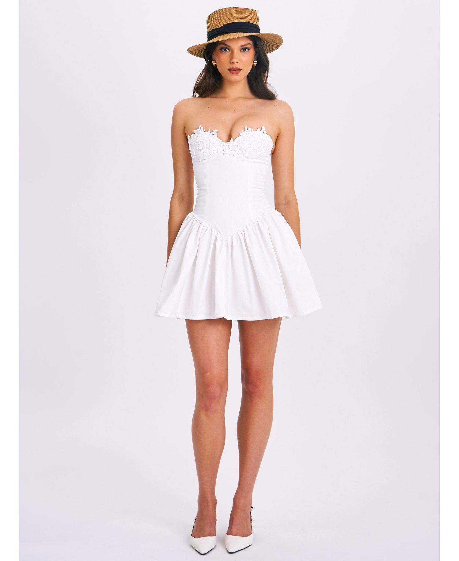 Women's Sacha White Lace Drop Waist Corset Puffy Mini Dress