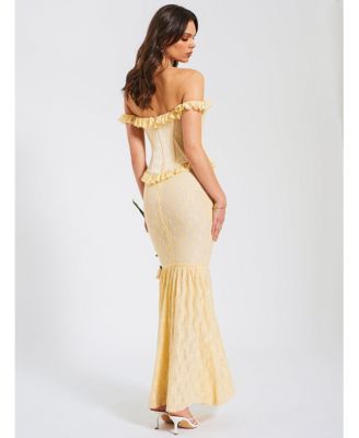 Women's Ersilia Pale Yellow Satin Lace Peplum Corset Off Shoulder Maxi Dress