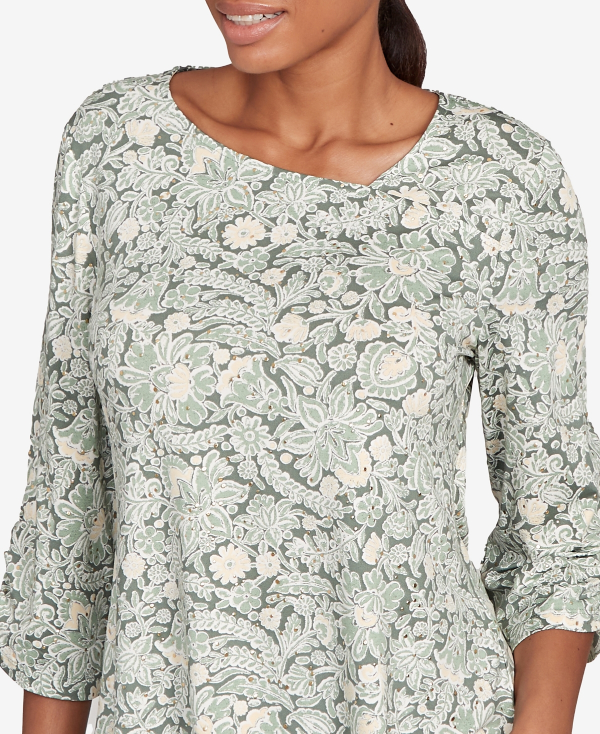 Ruby Rd. Petite Floral Dew Drop Ruched Sleeves Top In Gray