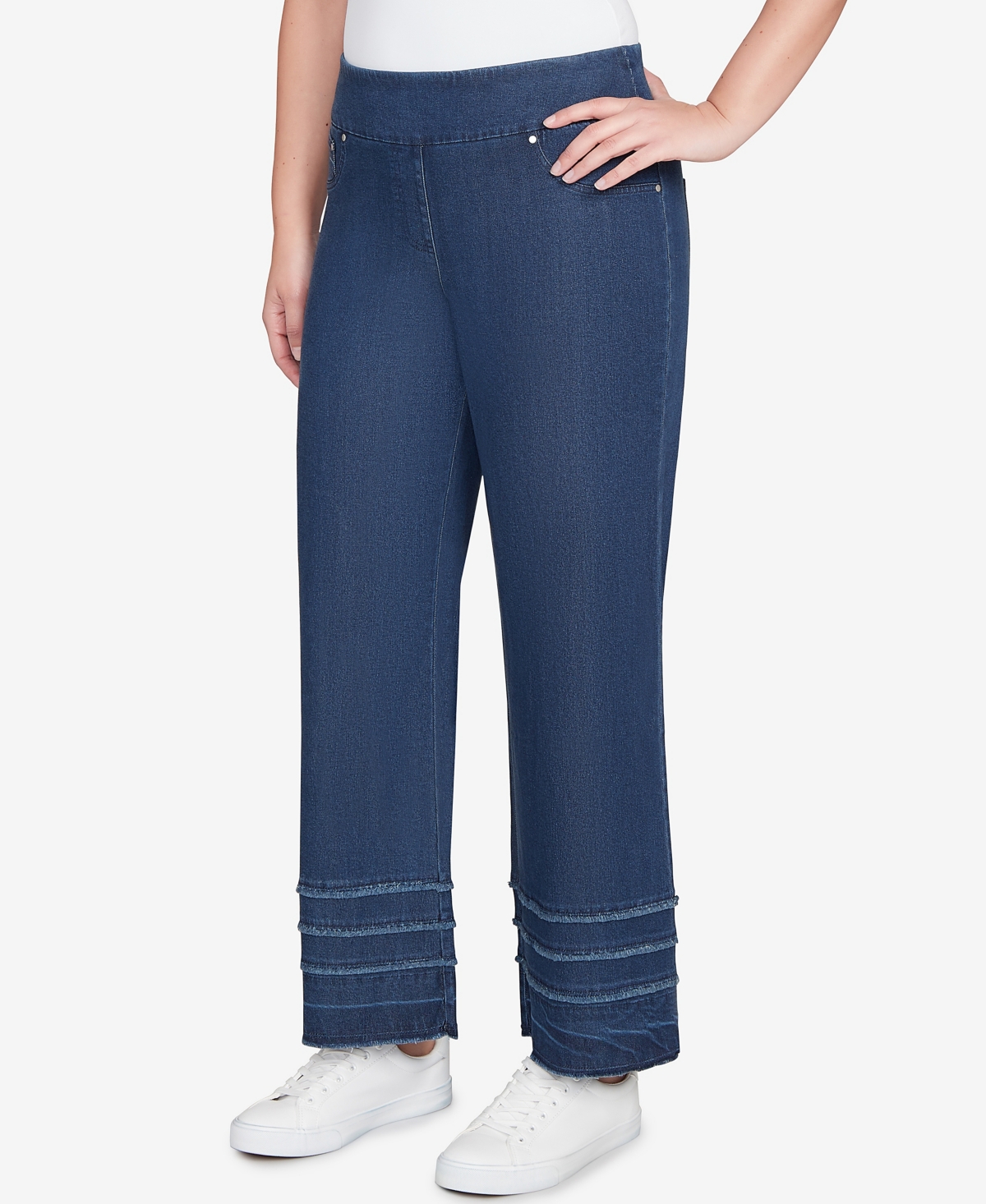 Ruby Rd. Petite Stretch Fringe Pull On Ankle Jeans In Blue