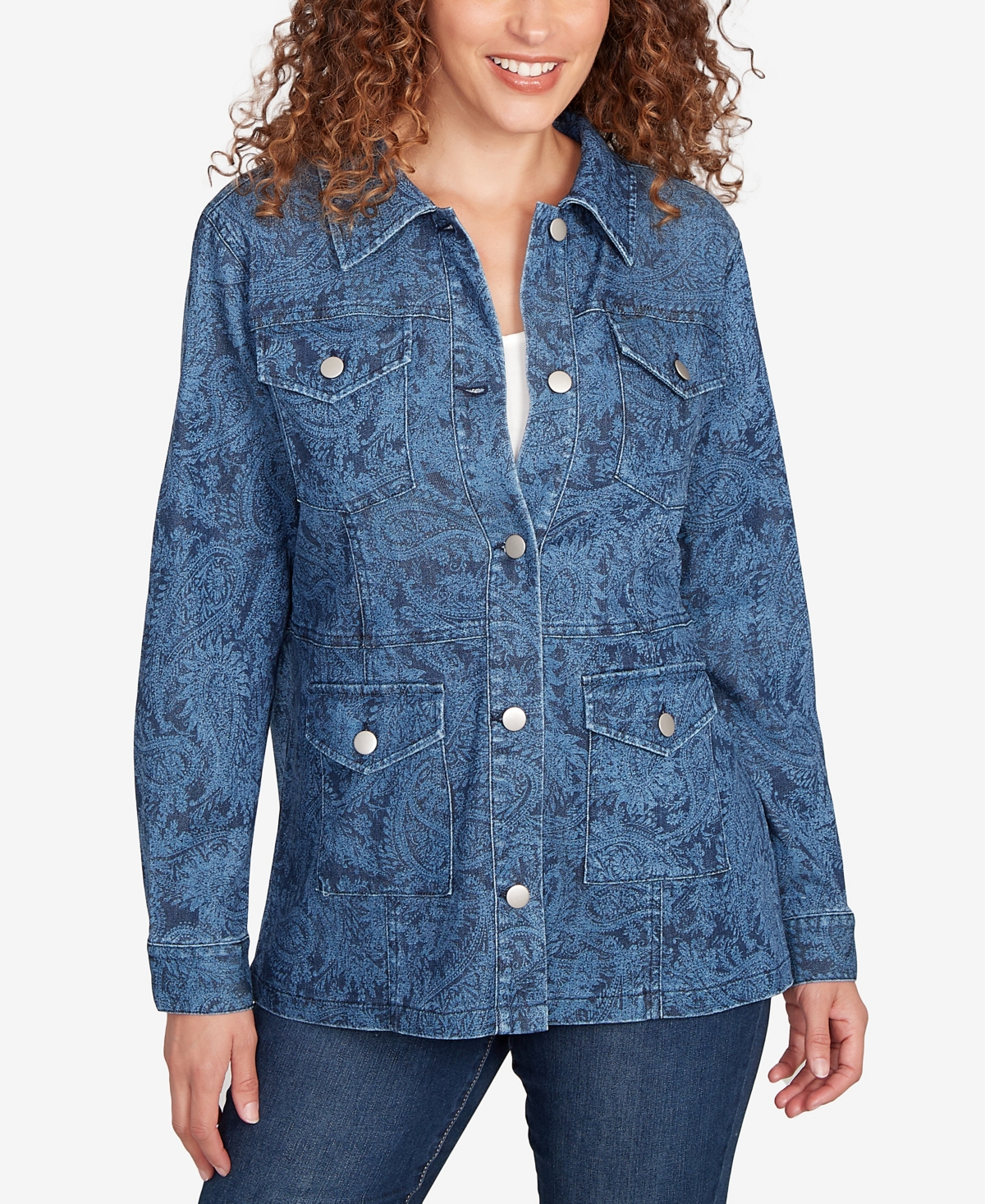 Ruby Rd. Petite Paisley Stretch Denim Utility Jacket In Blue