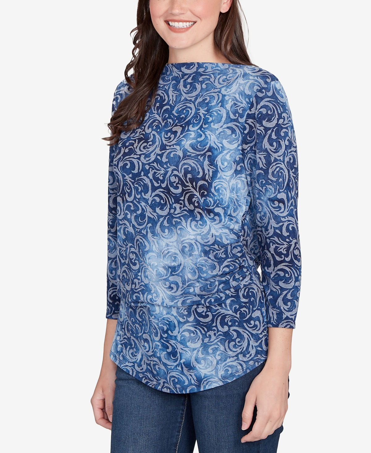 Ruby Rd. Petite Tie Dye Scroll Floral Hatchi Top In Blue