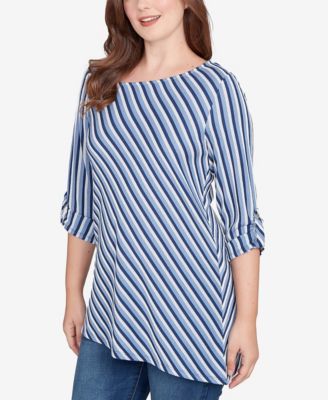Petite Textured Stripe Roll Tab Sleeve Top