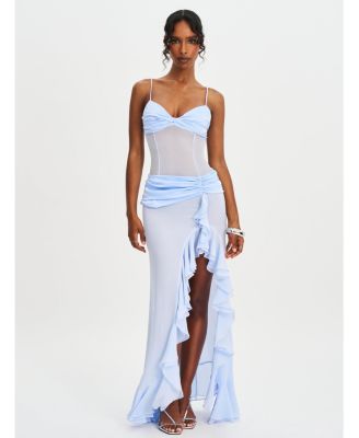 Women Lacy Blue Ruched Breast High Slit Chiffon Dress