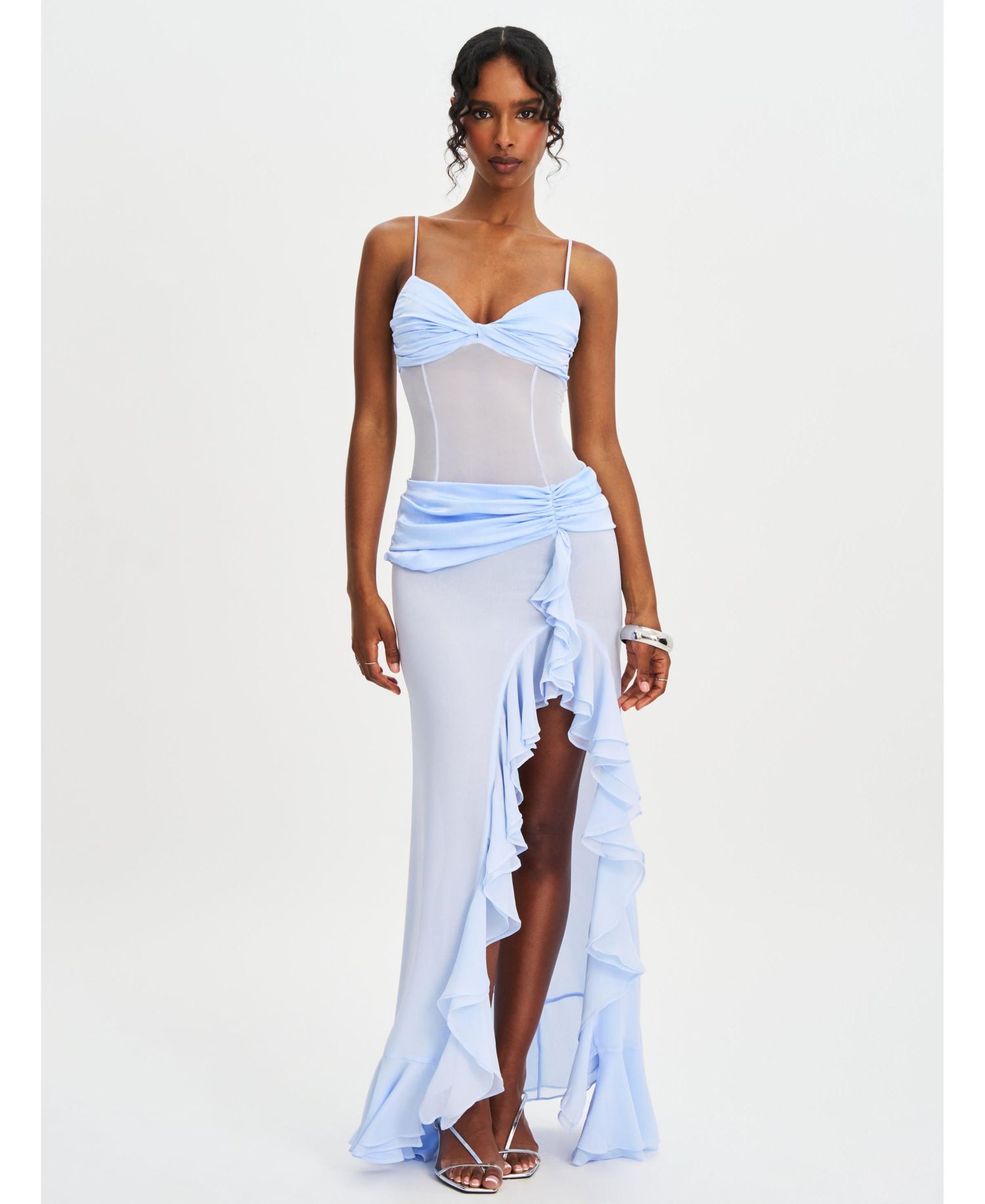 Women Lacy Blue Ruched Breast High Slit Chiffon Dress
