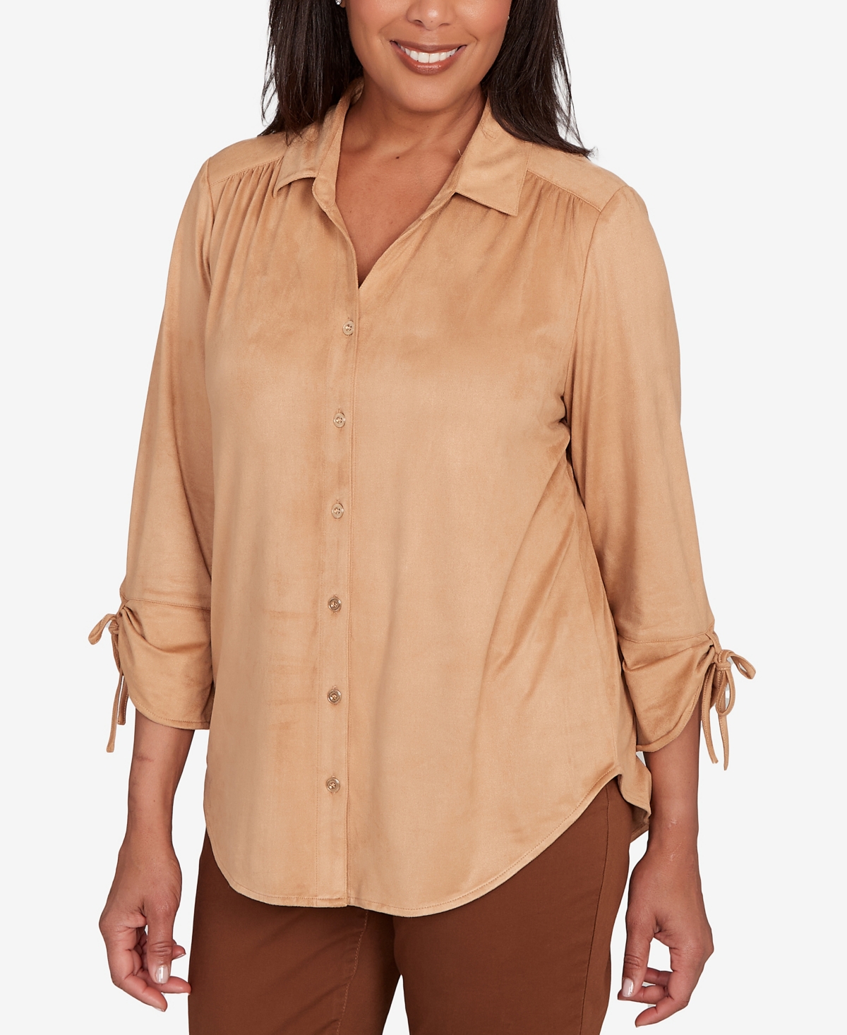 Alfred Dunner Petite Mount Laurel Button Front Faux Suede Top In Brown