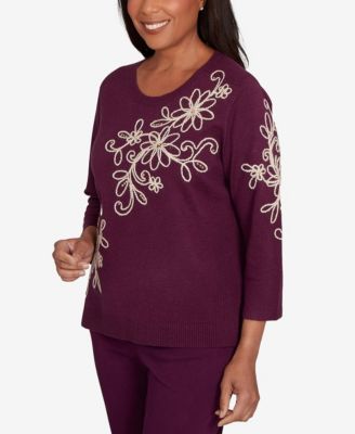 Petite Urban Legend Diagonal Floral Embroidered Sweater