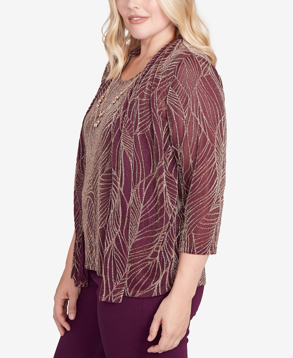 Alfred Dunner Petite Urban Legend Glitter Leaf Two In One Top With Necklace In Pink
