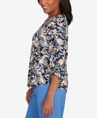Petite Tie Sleeve Brushstroke Floral Knit Top