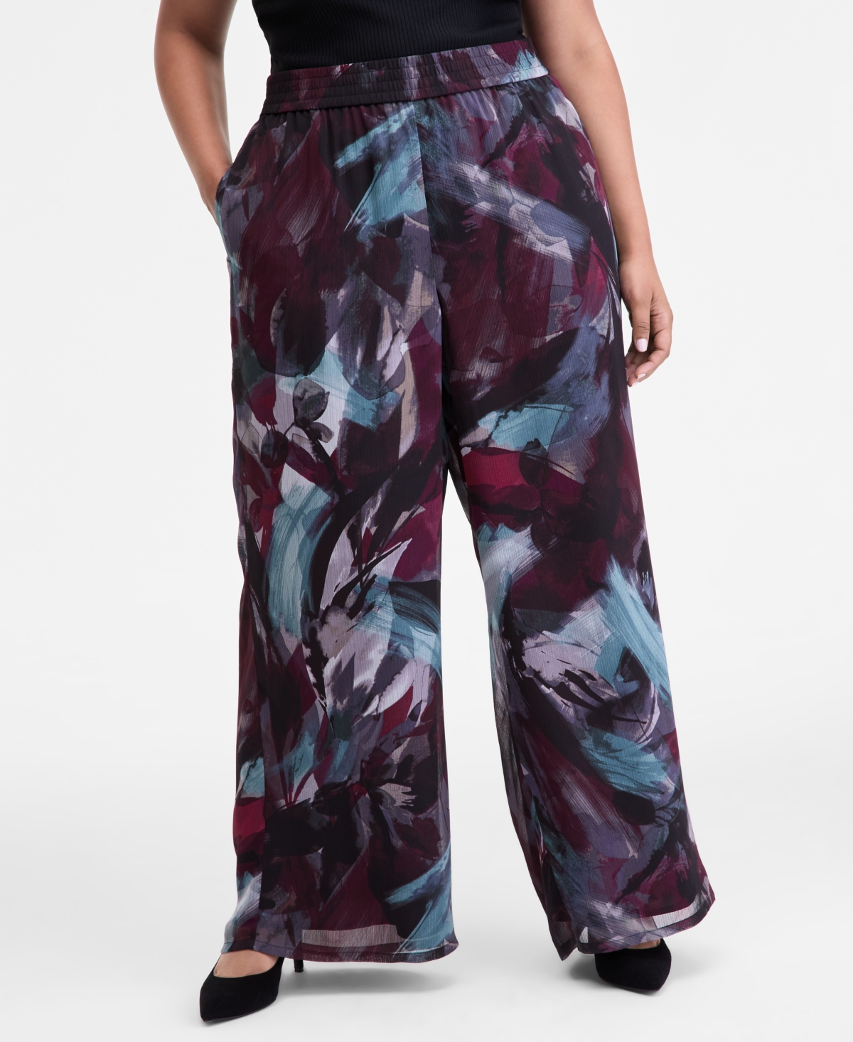 Inc International Concepts Women's Printed Pull-on Wide-leg Pants, Macy's Exclusive In Black