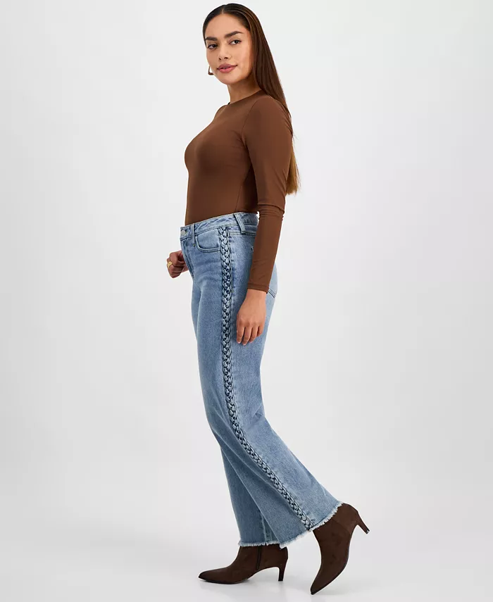 Women's Braided-Trim High Rise Straight Leg Jeans - thumbnail 2