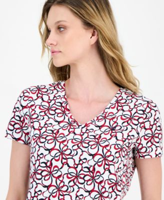 Women's Ribbon-Print V-Neck T-Shirt