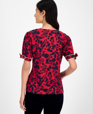 Women's Floral-Print Tie-Cuff T-Shirt