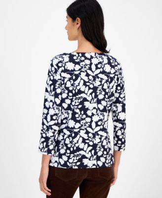 Women's Floral Print Button-Trim 3/4-Sleeve Top