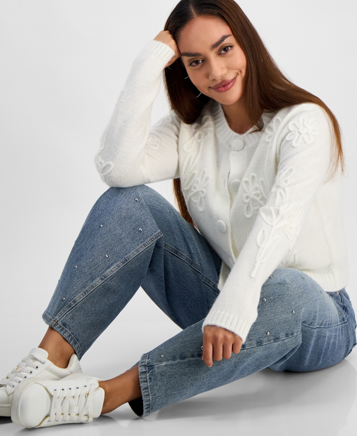 And Now This Petite 3d-floral Cardigan, Macy's Exclusive In White