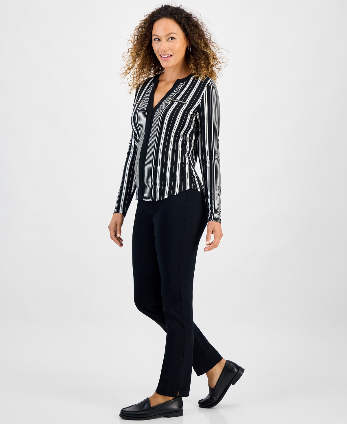 Jm Collection Petite Printed Long-sleeve Faux-pocket Top In Black