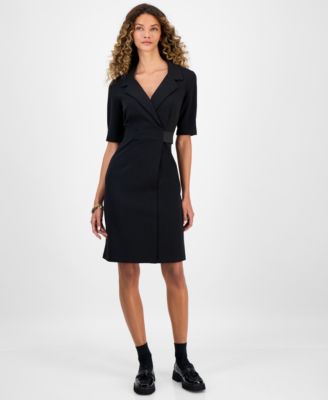 Connected - Women's Collared Faux-Wrap Scuba Sheath Dress