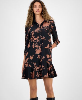 Women's Printed Collared Ruffle-Hem Shift Dress
