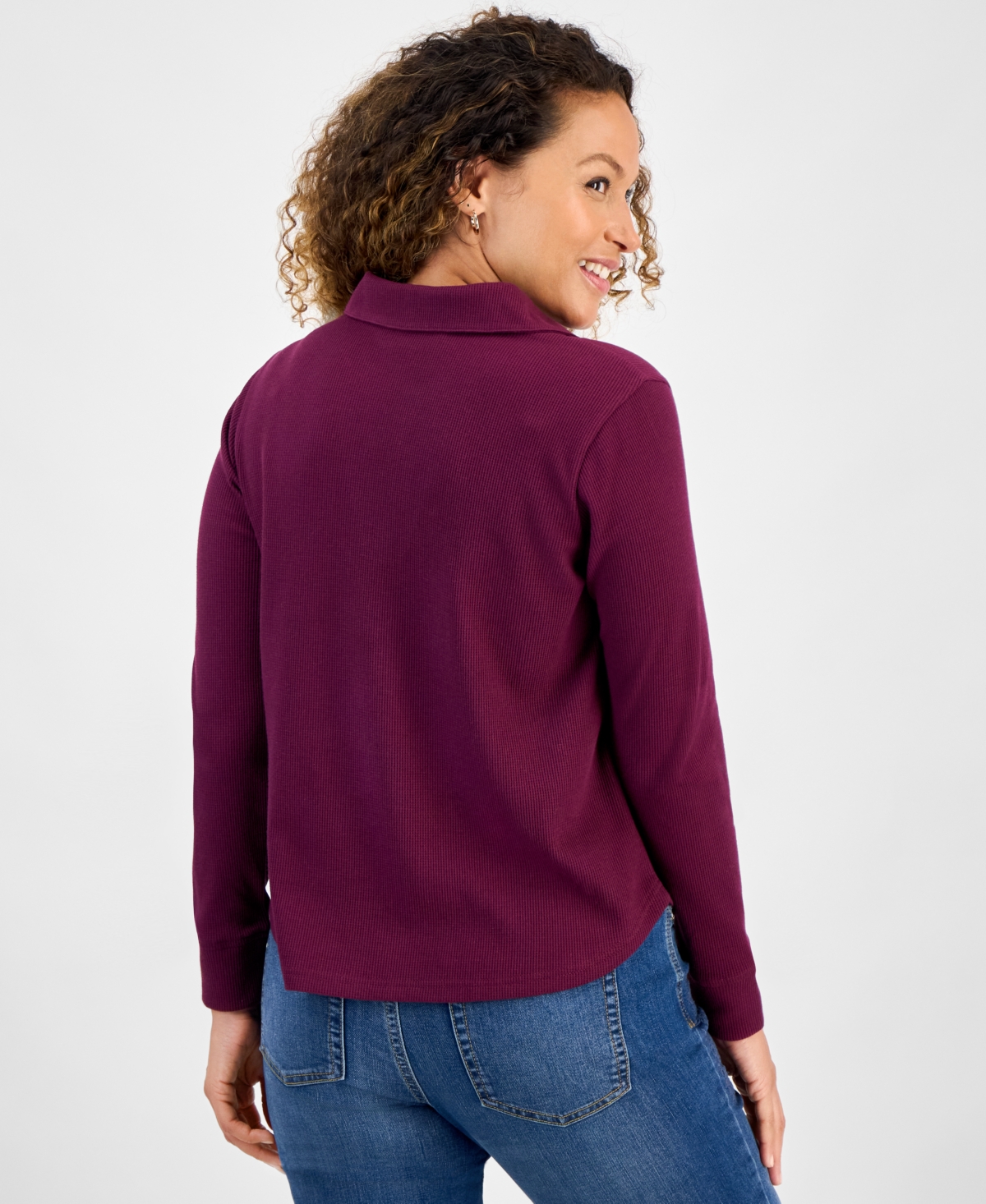 Style & Co Petite Collared Long-sleeve Thermal Top, Macy's Exclusive In Burgundy