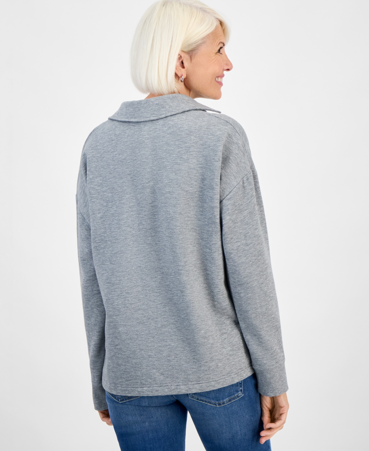 Style & Co Petite Heathered Johnny Collar Fleece Top, Created For Macy's In Gray
