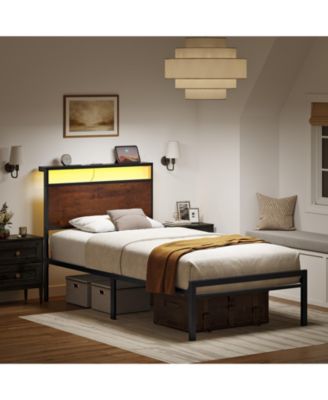 Industrial Twin Size Bed Frame with Storage LED Headboard, Charging Station, No Box Spring Needed