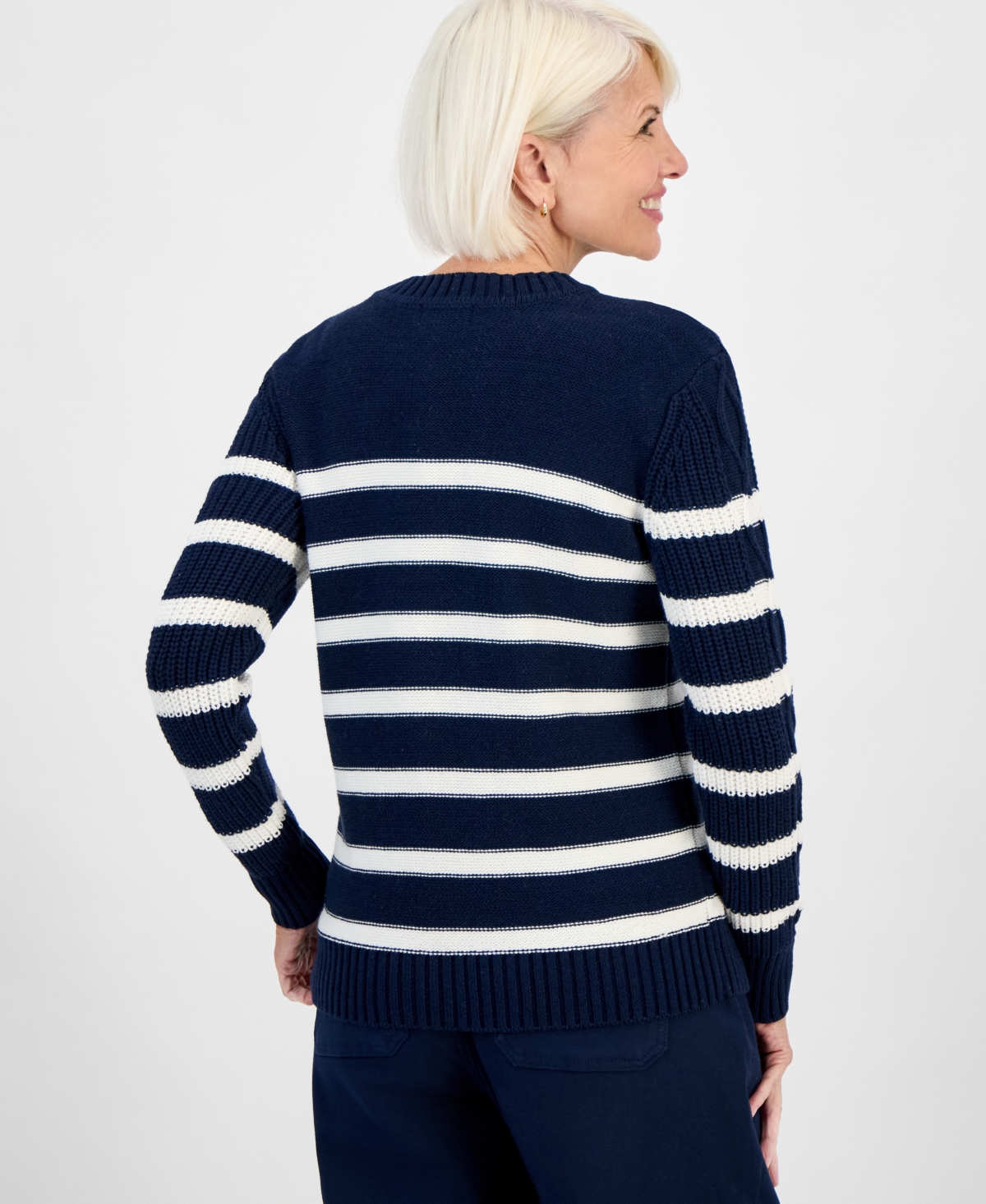 Style & Co Petite Striped Cable-knit Button-trim Sweater, Created For Macy's In Blue