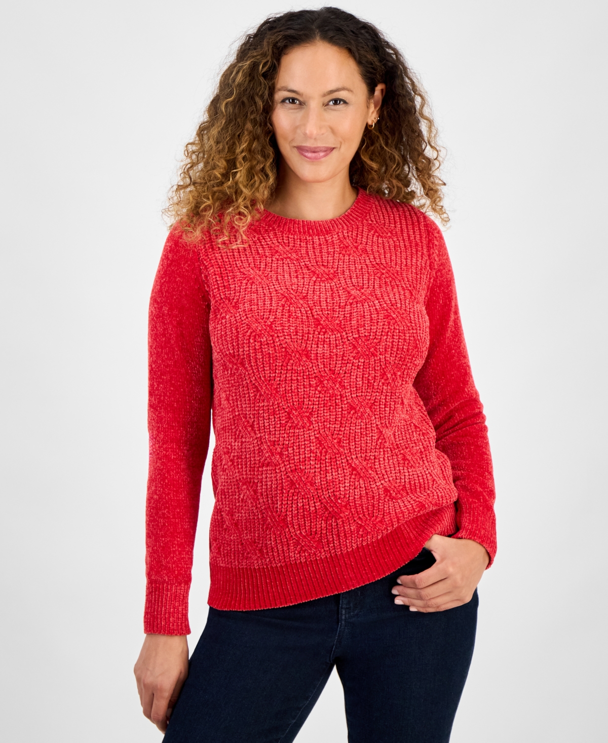 Style & Co Petite Chenille Cable Knit Sweater, Macy's Exclusive In Red