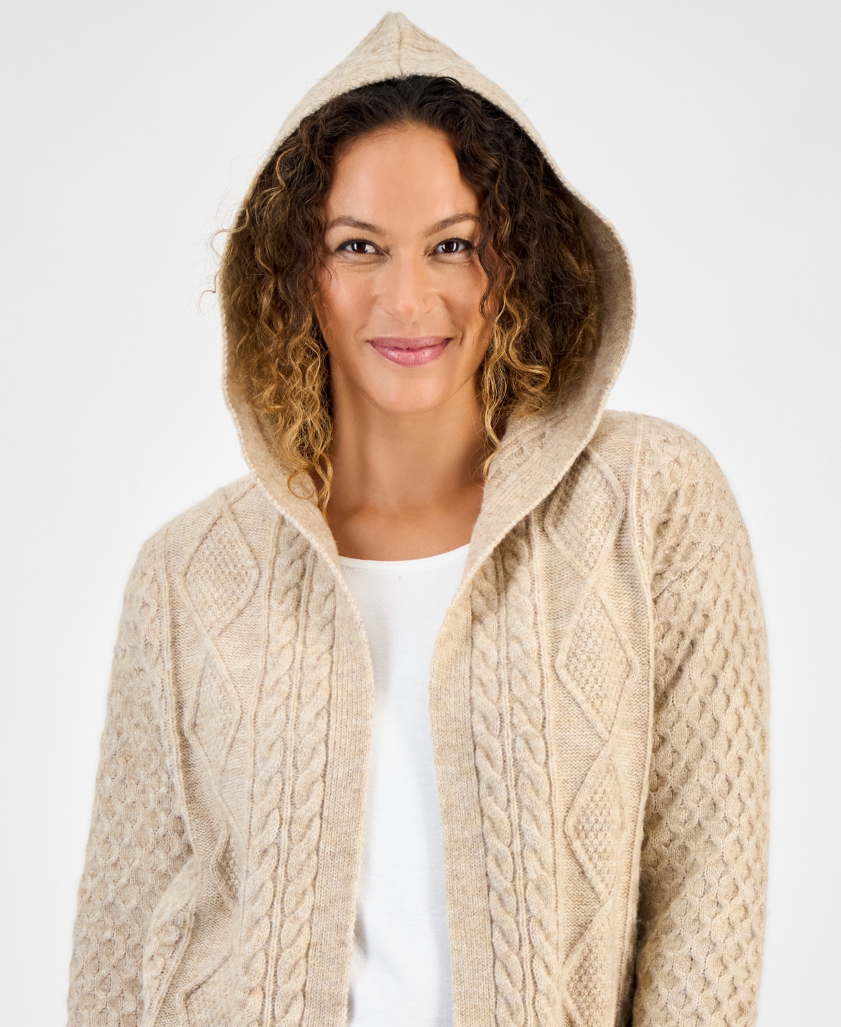 Style & Co Petite Chunky Cable-knit Hooded Cardigan, Macy's Exclusive In Neutral