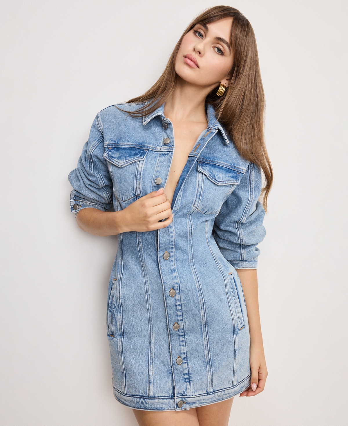 Good American Barrel Long Sleeve Denim Mini Shirtdress In Blue