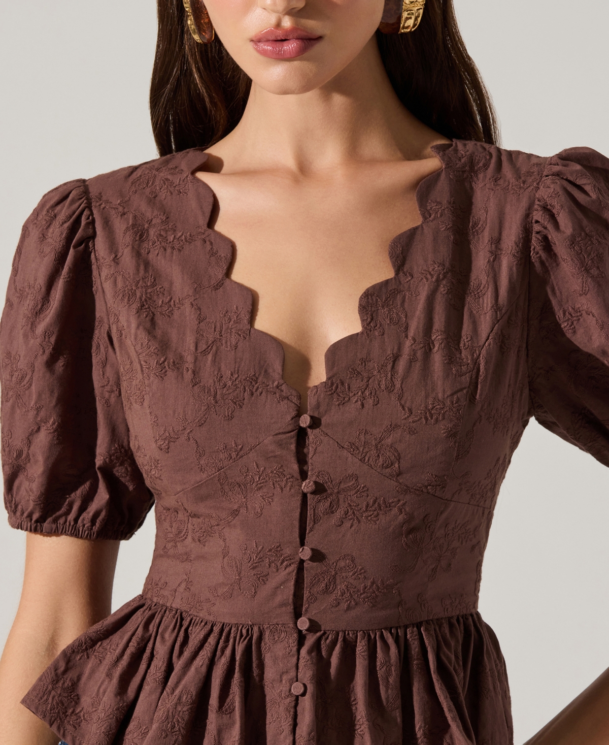 Astr The Label Arely Embroidered Cotton Button-up Top In Brown