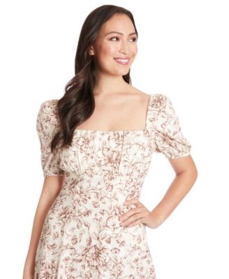 Petite Floral-Print Puff-Sleeve Midi Dress