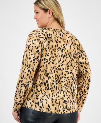Plus Size Printed Long-Sleeve Button-Neck Top, Macy's Exclusive