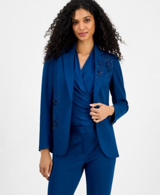 Anne Klein Womens Embellished One Button Jacket Shirred Surplice Neck Sleeveless Top Embellished Mid Rise Capri In Blue