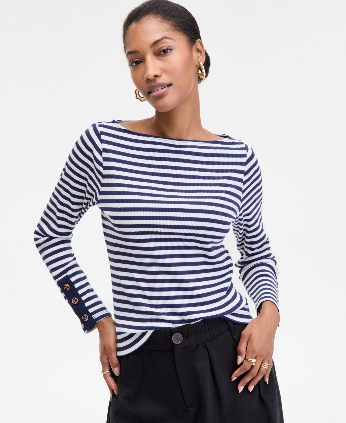 On 34th Women's Button-cuff Boatneck Top, Macy's Exclusive In Blue