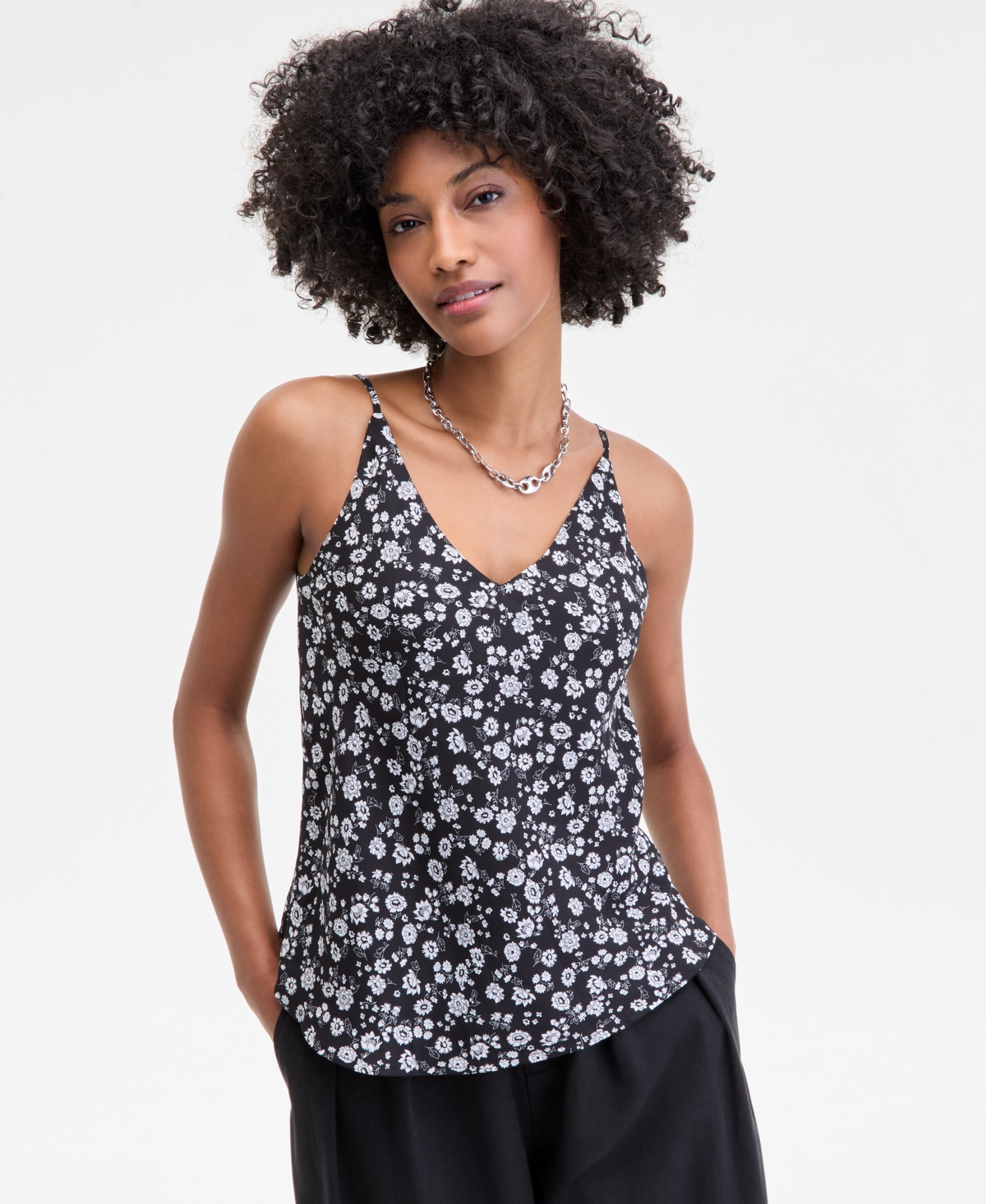 On 34th Women's Floral-print Double V-neck Tank, Macy's Exclusive In Black