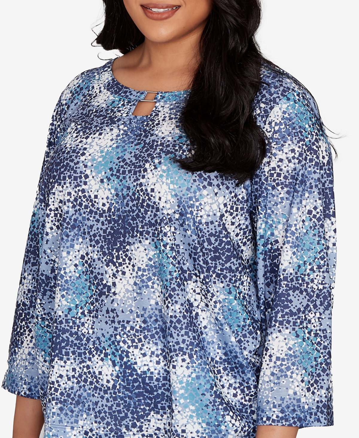 Hearts Of Palm Plus Size Printed Poly Square Ring Neck Top