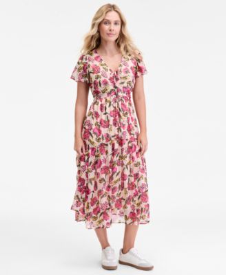 On 34th - Women's Floral-Print Flutter-Sleeve Midi Dress