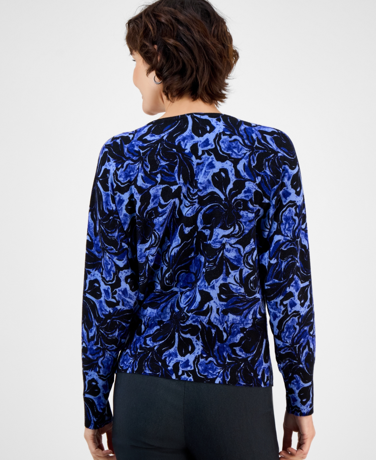 Jm Collection Petite Angela Abstract V-neck Sweater, Macy's Exclusive In Blue
